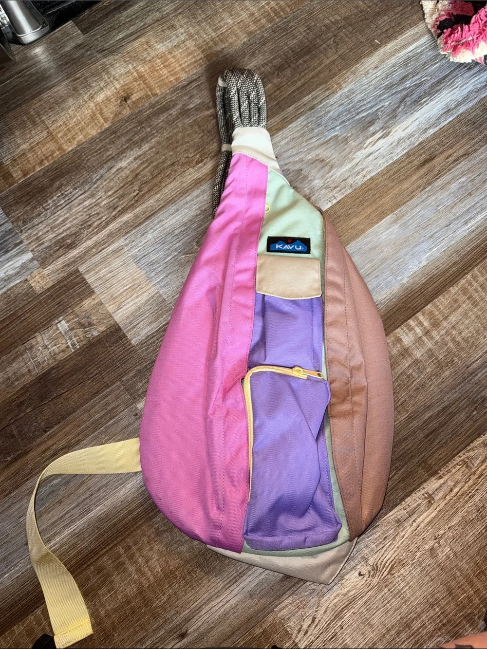 Kavu Colorblock Crossbody Sling Bag in Pink, Purple, Tan and Yellow